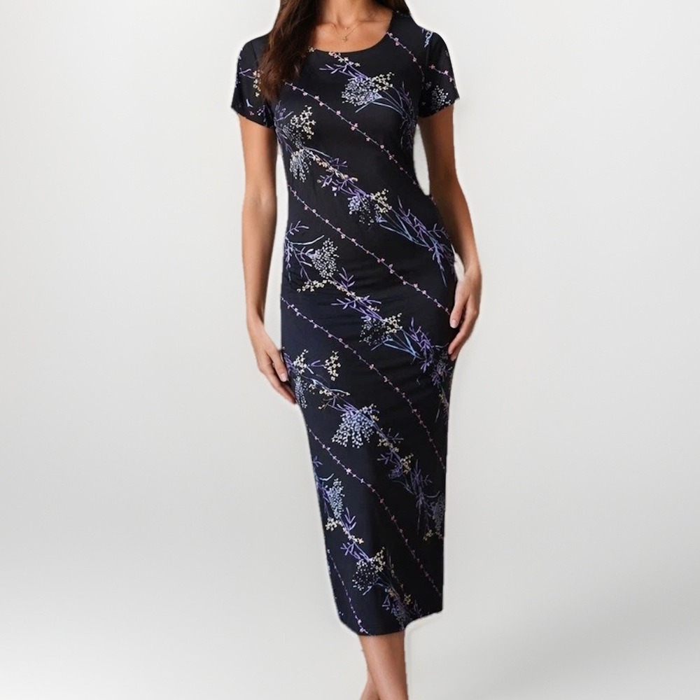 VTG 90s Positive Attitude Dark Floral Rayon Sheath Midi Dress M 10 Tie Back USA